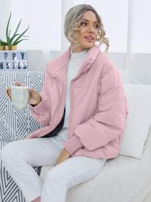 SHEIN Essnce 纯色棉质休闲冬季夹克 - 淺粉色 - 查看 1
