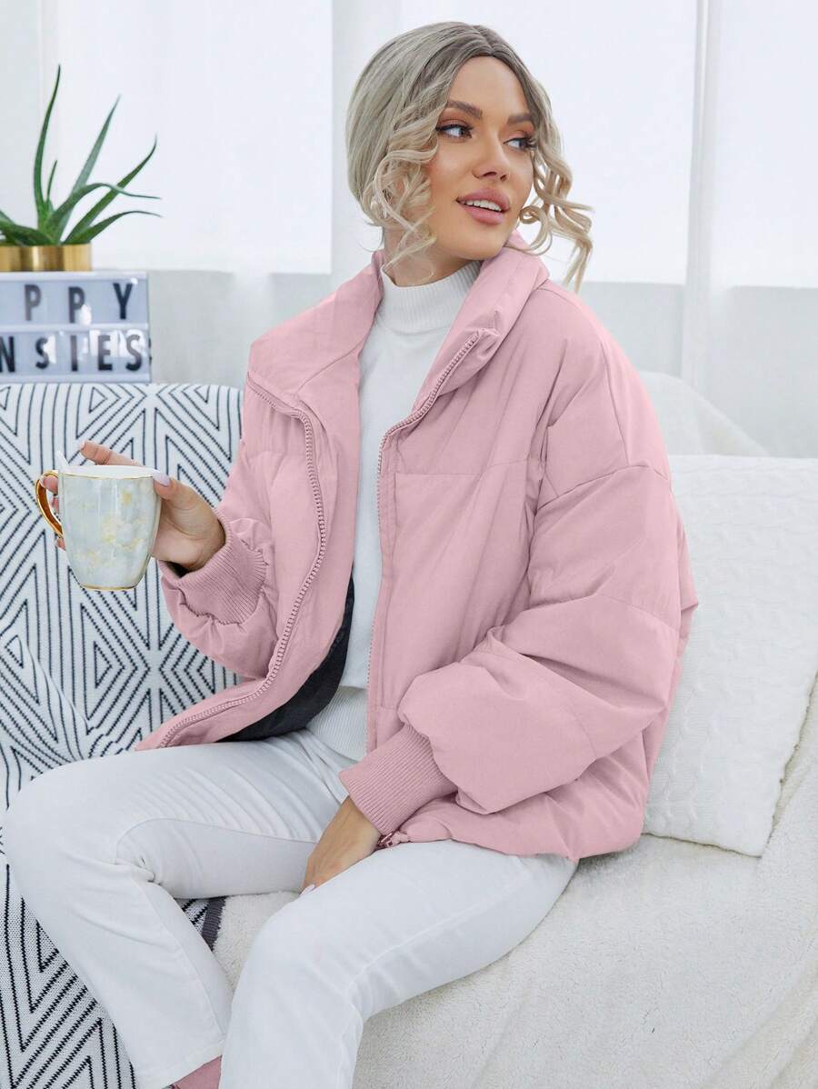 SHEIN Essnce 纯色棉质休闲冬季夹克 - 淺粉色 - 查看 1