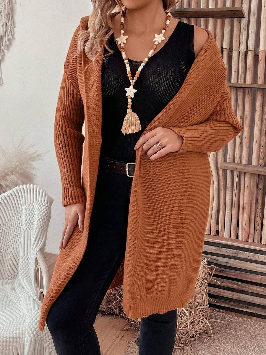 SHEIN LUNE Kích thước lớn Của phụ nữ Màu thuần Mặt trước Áo len Mở - Cà phê nâu - Xem 1