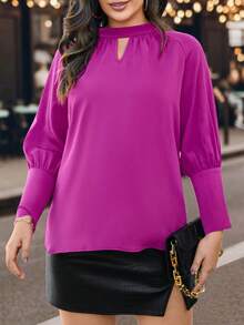 Celure Áo sơ mi trơn cỡ lớn dành cho nữ có cổ lỗ khóa và chi tiết cúc - Màu tím  Violet - Xem 4