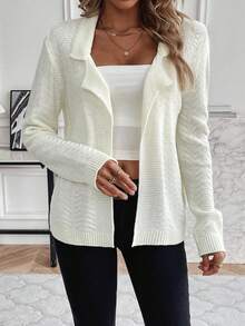 SHEIN LUNE Màu thuần Cổ bẻ Mặt trước Nút lên Áo len Mở - trắng - Xem 6
