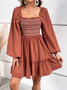 SHEIN VCAY 女性用荷葉袖方領蕾絲詳細假日連衣裙 - 鏽棕色 - 查看 5