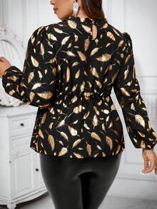 Celure 大尺碼女金箔羽毛印花燈籠袖襯衫 - 黑色 - 查看 2