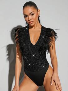 SHEIN BAE Women's Feather Patchwork Sequin Bodysuit - Black - View 5