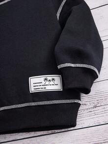 SHEIN 小女孩鬆身復古圓領對比色線條與字母圖案針織運動衫 - 黑色 - 查看 4