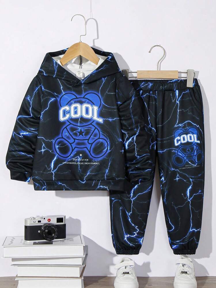 Young Boy Casual Comfortable Printed Hooded Sweatshirt And Knit Pants Set, Thermal Lined , Thickened