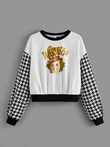 Willy Wonka and the Chocolate Factory X SHEIN Sudadera con estampado de personajes de dibujos animados y patrón de espiga, de hombros caídos y sobredimensionada para primavera y otoño