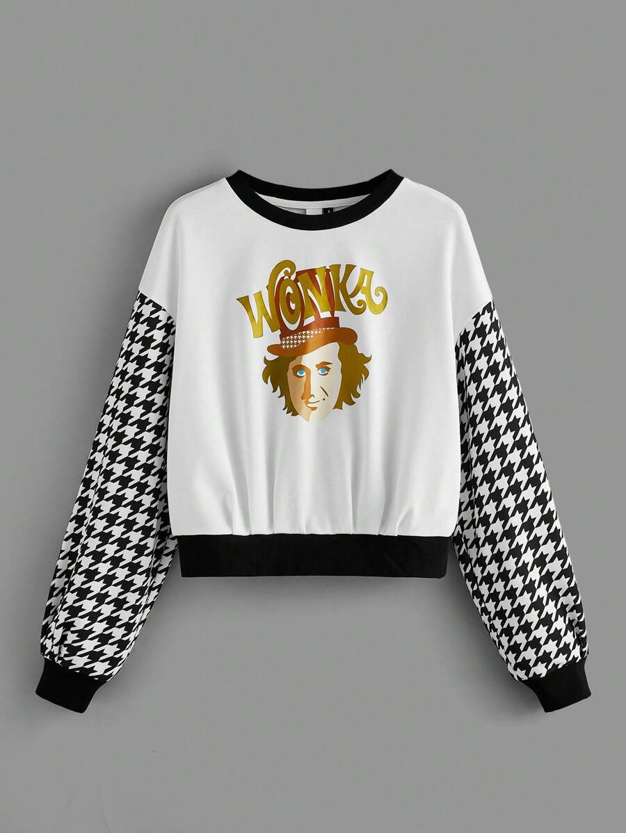 Willy Wonka and the Chocolate Factory X SHEIN Sudadera con estampado de personajes de dibujos animados y patrón de espiga, de hombros caídos y sobredimensionada para primavera y otoño