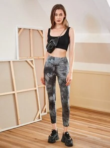 SHEIN Unity Women's Wide Elastic Waist Tie Dyeing Crop Leggings Fall Cloth For Women - Black - View 4