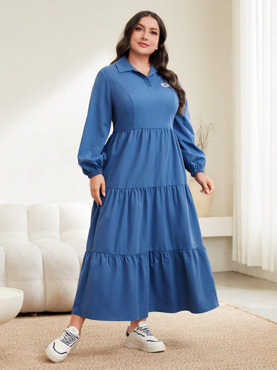 Mulvari Große Größen Einfarbige Kleid Mit Chinesischen Knöpfen, Laternenärmel Und Gerüschten Saum