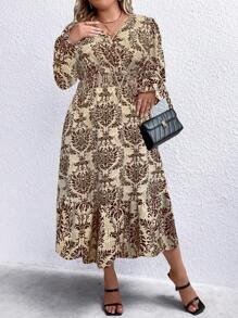 SHEIN LUNE Plus Size Women's Lotus Leaf Sleeve Satin Printed Dress