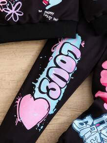 SHEIN Young Girl Graffiti Printed Sweatshirt And Pants Set, Autumn Sports 2pcs