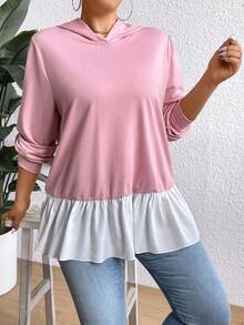 SHEIN Clasi 大码撞色荷叶边下摆套头卫衣，秋季卫衣 - 粉色 - 查看 6