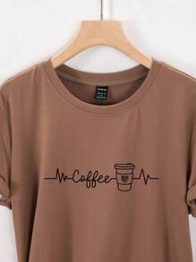 SHEIN LUNE 字母印花 T 恤 图案 T 恤 女式上衣 - 咖啡棕 - 查看 3