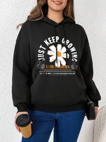 SHEIN LUNE Women's Plus Size Floral & Slogan Printed Drawstring Sweatshirt - Black - View 4