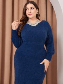 Modelyn Women's Plus Size Plain Round Neckline Waist-Collecting Sweater Dress