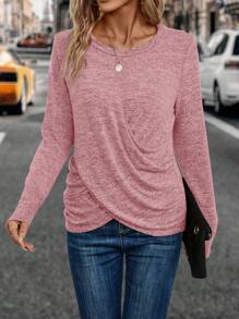 SHEIN LUNE Women's Two Tone Knitted Cross Hem T-shirt - Pink - View 1