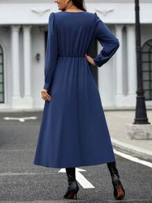 SHEIN Clasi Notched Neckline Puff Sleeve Dress - Blue - View 2