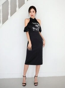 EastFlair New Chinese Style Black Open Shoulder Chinese Style Bamboo Print Improved Cheongsam Dress For Women - Black - View 6