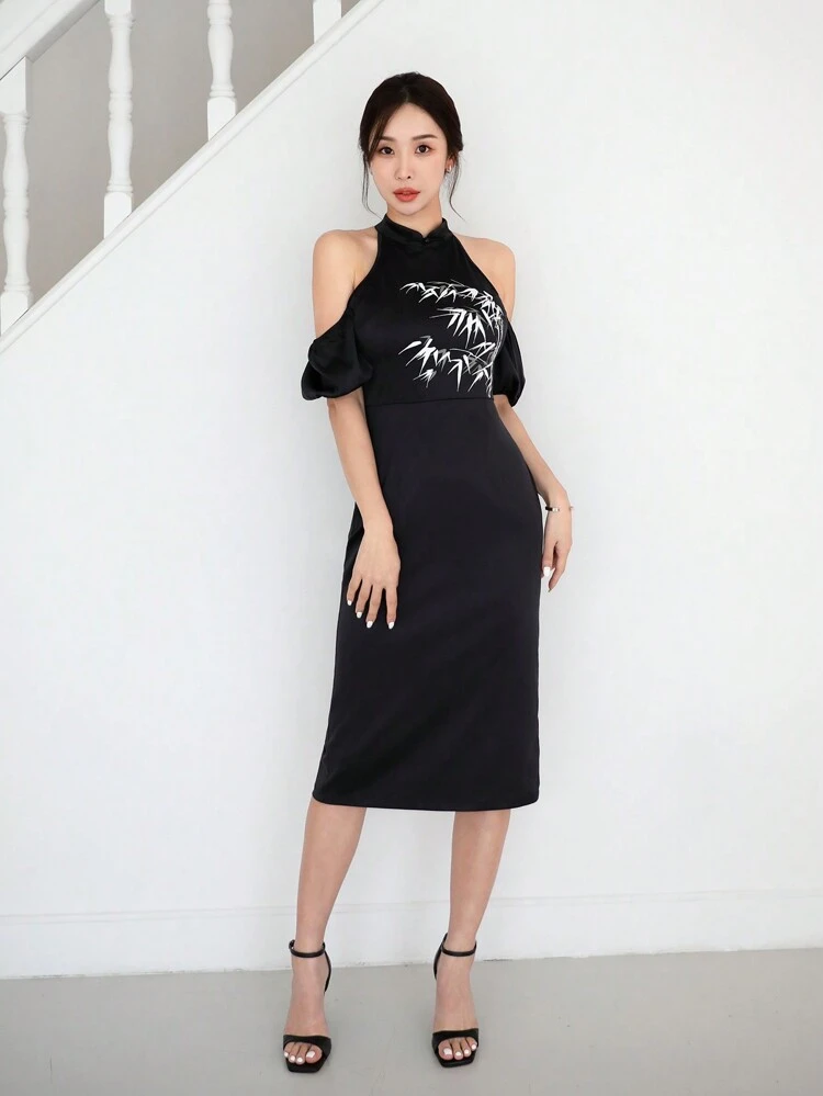 New Chinese Style Black Open Shoulder Chinese Style Bamboo Print Improved Cheongsam Dress For Women