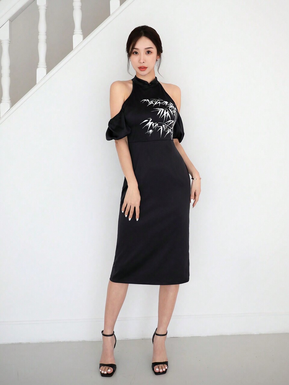 New Chinese Style Black Open Shoulder Chinese Style Bamboo Print Improved Cheongsam Dress For Women