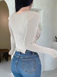 DAZY 女式长袖罗纹针织不对称下摆T恤上衣 - 卡其色 - 查看 2