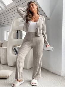 SHEIN Essnce 女士加大號灰色v領長袖褲子兩件套裝 - 杏色 - 查看 5