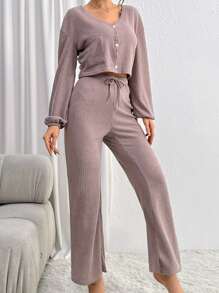 落肩袖前紐扣T恤&腰部抽繩長褲休閒服套裝 - 紫色 - 查看 1