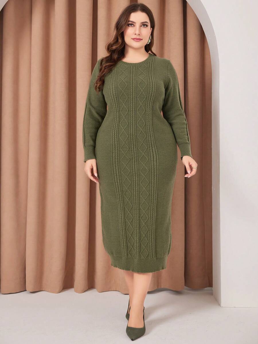 Mulvari Kích thước lớn Của phụ nữ Thon gọn Tay áo dài Áo len dệt kim Đầm - xanh quân đội - Xem 1