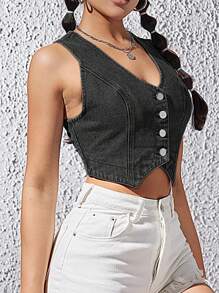 SHEIN Privé Women's Denim Vest Top - Black - View 4