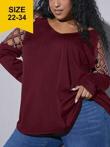 SHEIN CURVE+ Women's Plus Size Rhinestones Decorated Hollow Out T-shirt - Burgundy - View 6