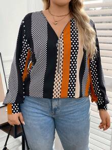 SHEIN LUNE Plus Size Color Block Front Zipper Lantern Sleeve Blouse - Multicolor - View 4