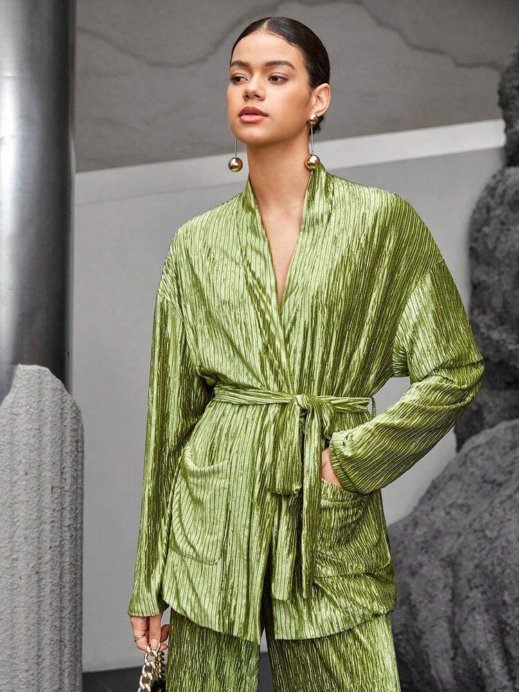 SHEIN Maija Women's Green V-neck Belted Top