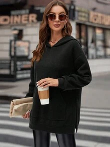 SHEIN LUNE Women's Solid Color Drop Shoulder Hooded Sweatshirt - Black - View 6