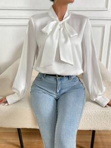 Chiquease Camisa de manga larga con cuello de corbata para mujeres para ropa de fiesta de vacaciones - Blanco - Ver 1