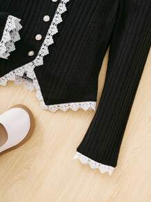 SHEIN 少女優雅蕾絲拼接羅紋圓領夾克 - 黑與白 - 查看 5