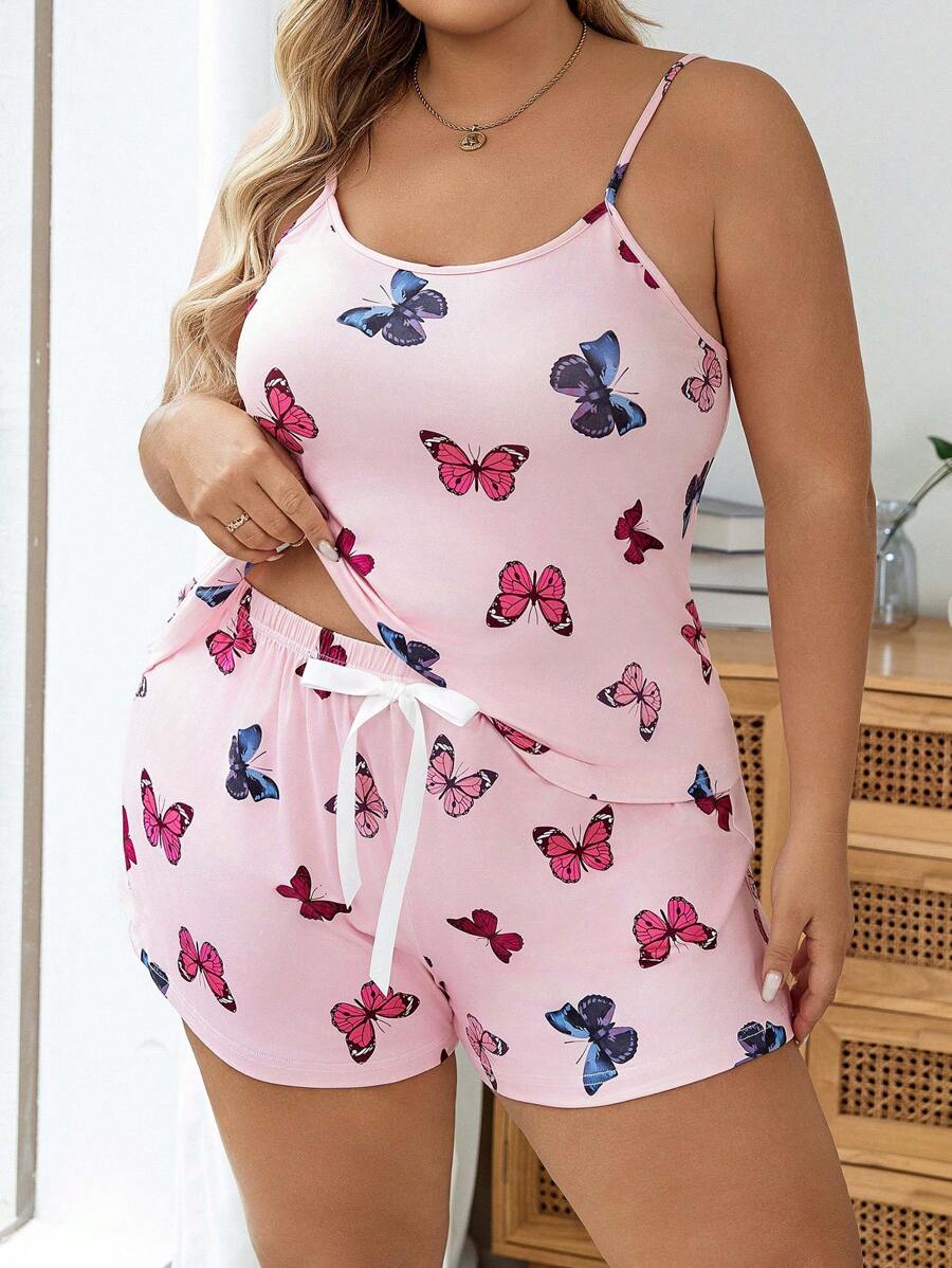 Plus Butterfly Print Cami Top & Shorts PJ Set / Pajama Set - Pink - View 1