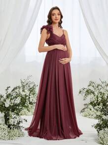 Schwangerschafts-Vorderteil mit Twist & bodenlangem Rüschensaum Neckholder elegantes Abendkleid - Bordeaux - Übersicht 3