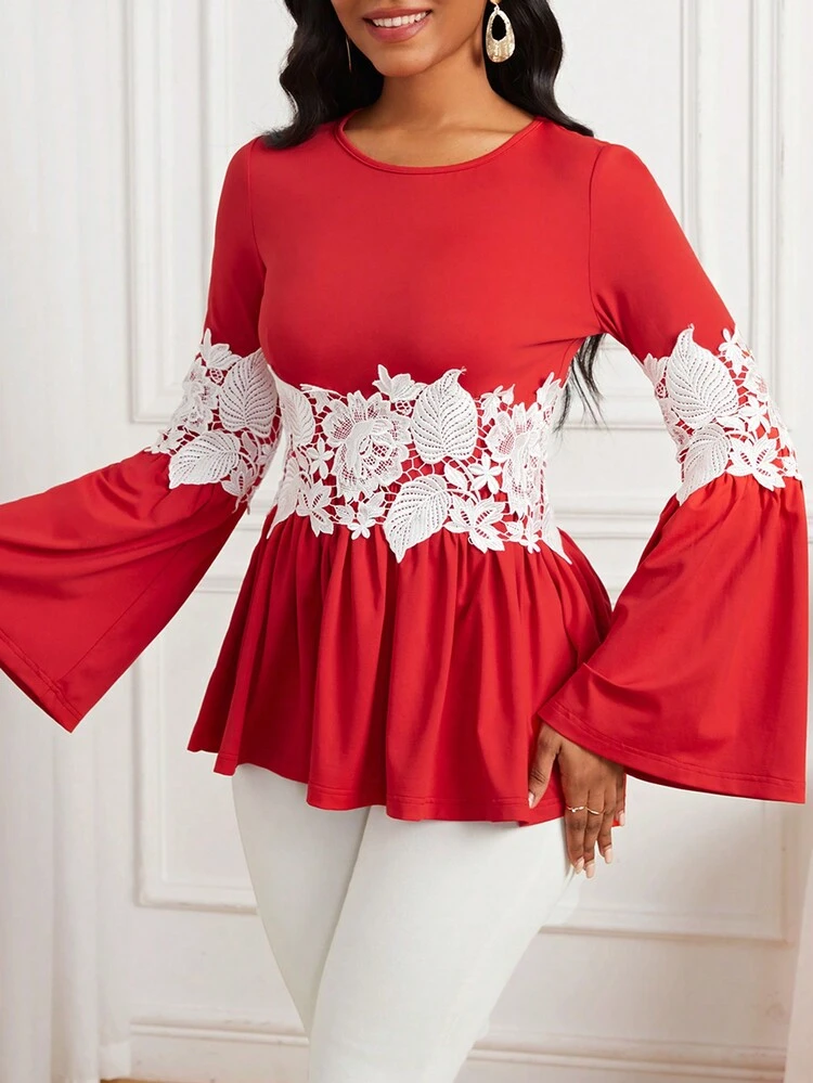 Women's Floral Embroidered Patch Round Neck Bell Sleeve T-shirt