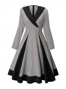 SHEIN Clasi Plus Size Plaid Colorblock Dress - Black and White - View 1