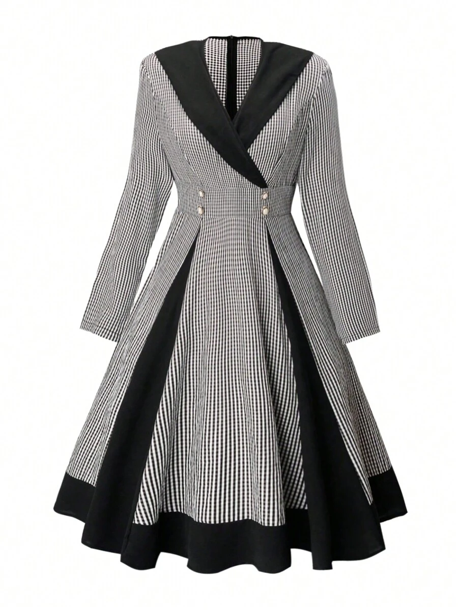 SHEIN Clasi Plus Size Plaid Colorblock Dress - Black and White - View 1