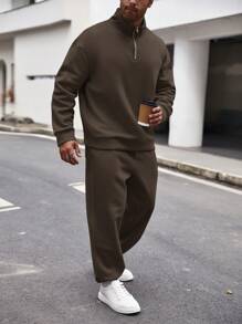 Manfinity Homme 男式加大码拉链半襟落肩运动衫和运动裤两件套 - 咖啡棕 - 查看 1