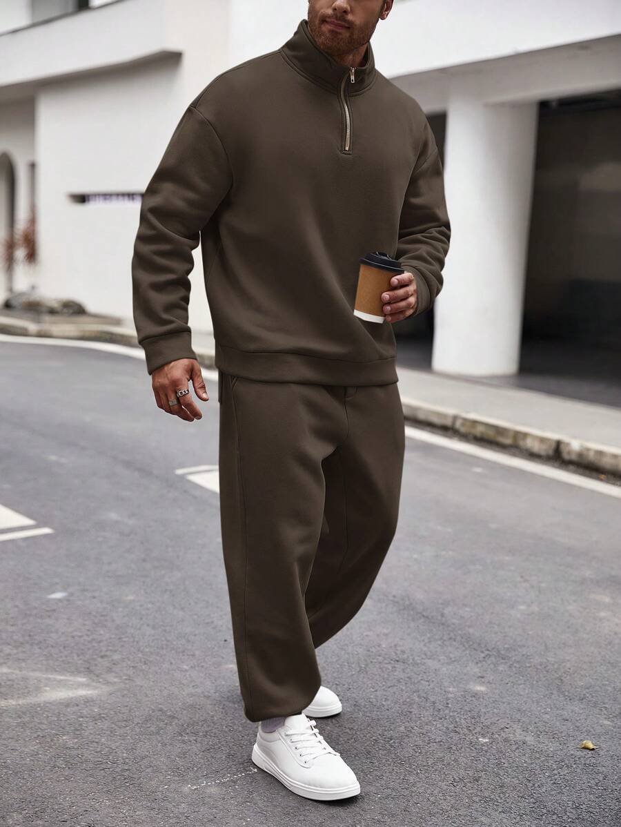Manfinity Homme 男式加大码拉链半襟落肩运动衫和运动裤两件套 - 咖啡棕 - 查看 1