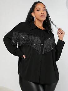 SHEIN CURVE+ 女士加大號碼上衣,配流蘇裝飾 - 黑色 - 查看 6