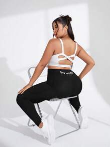 Yoga Basic Women's Plus Size Letter Printed Sports Leggings - Black - View 6