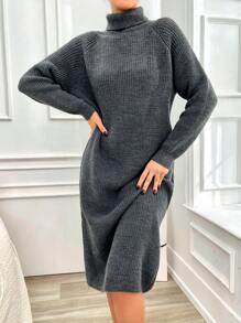 EURMUSE 女士高領肋紋針織斜肩袖毛衣連衣裙,無腰帶款式 - 灰色 - 查看 3