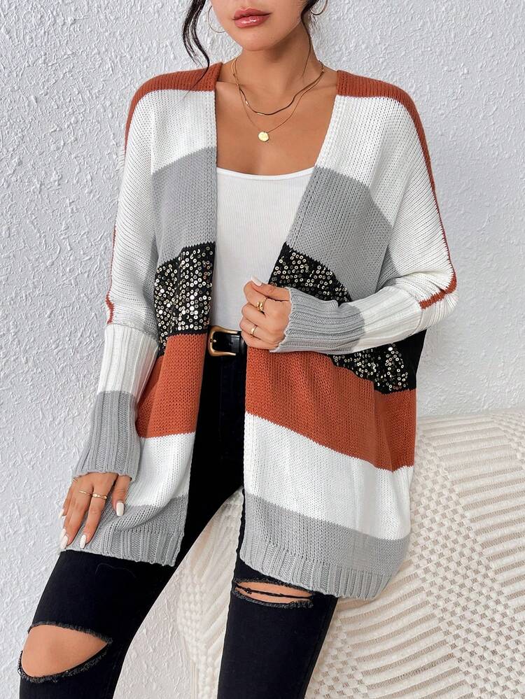 Women's Color Block Sparkling Batwing Sleeve Cardigan With Open Front Fall Cloth For Women