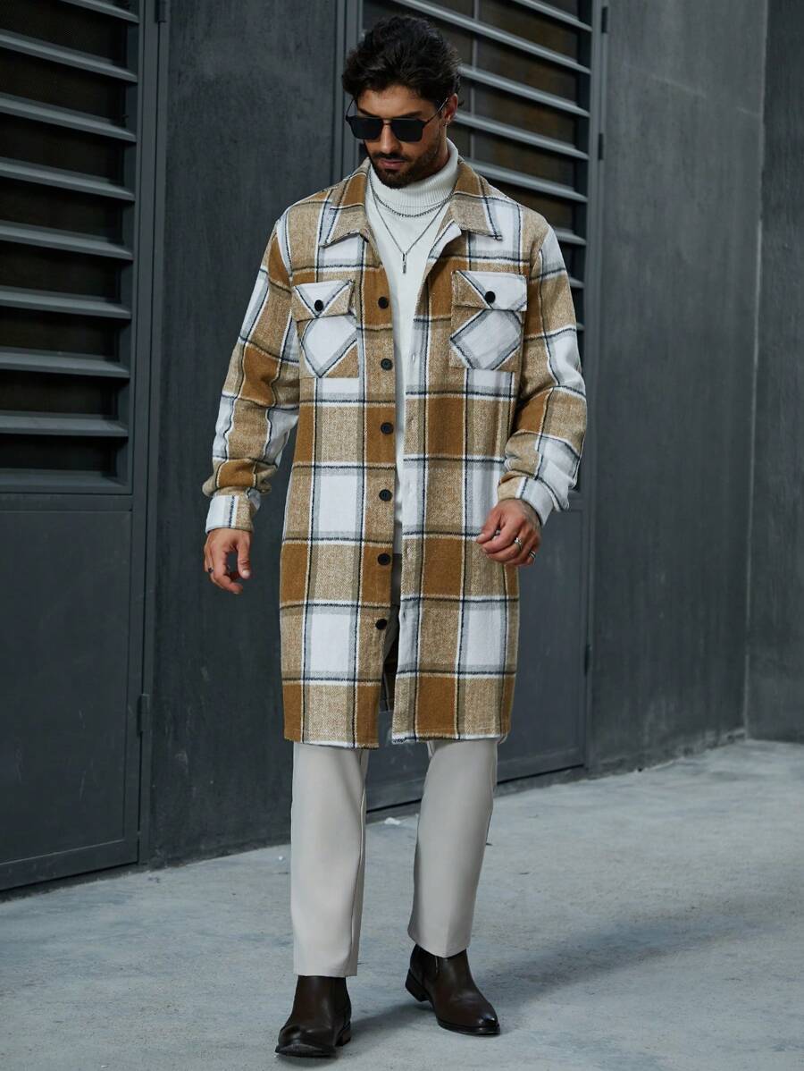 Manfinity Homme Men Plus Grid Pattern Mid-Length Woolen Coat - Yellow - View 1