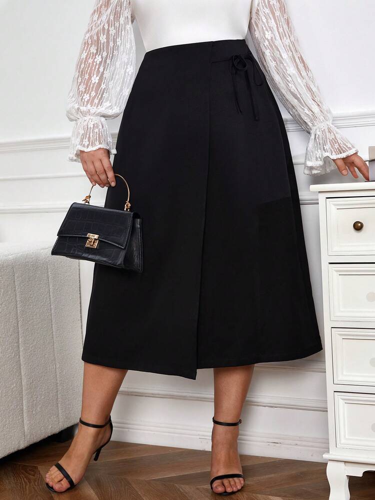 SHEIN Privé Women's Plus Size Solid Color Wrap Skirt With Belt - Black - View 6