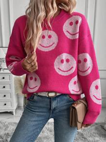 SHEIN LUNE Women's Cartoon Face Pattern Drop Shoulder Sweater - Pink - View 5